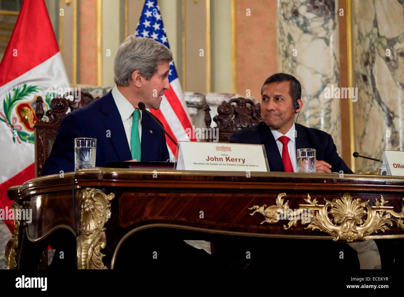 US Secretary of State John Kerry and Peruvian President Ollanta Humala Tasso speak during a joint press conference December 11, 2014 in Lima, Peru. Stock Photo