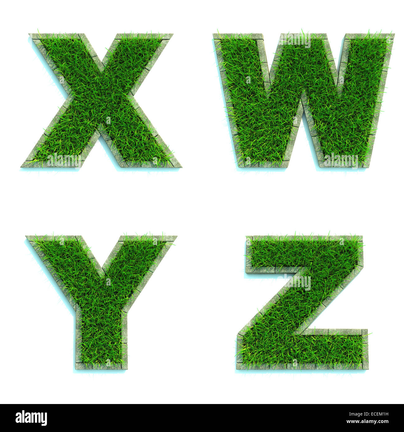 Letters X, W, Y, Z as Lawn - Set of 3d. Stock Photo
