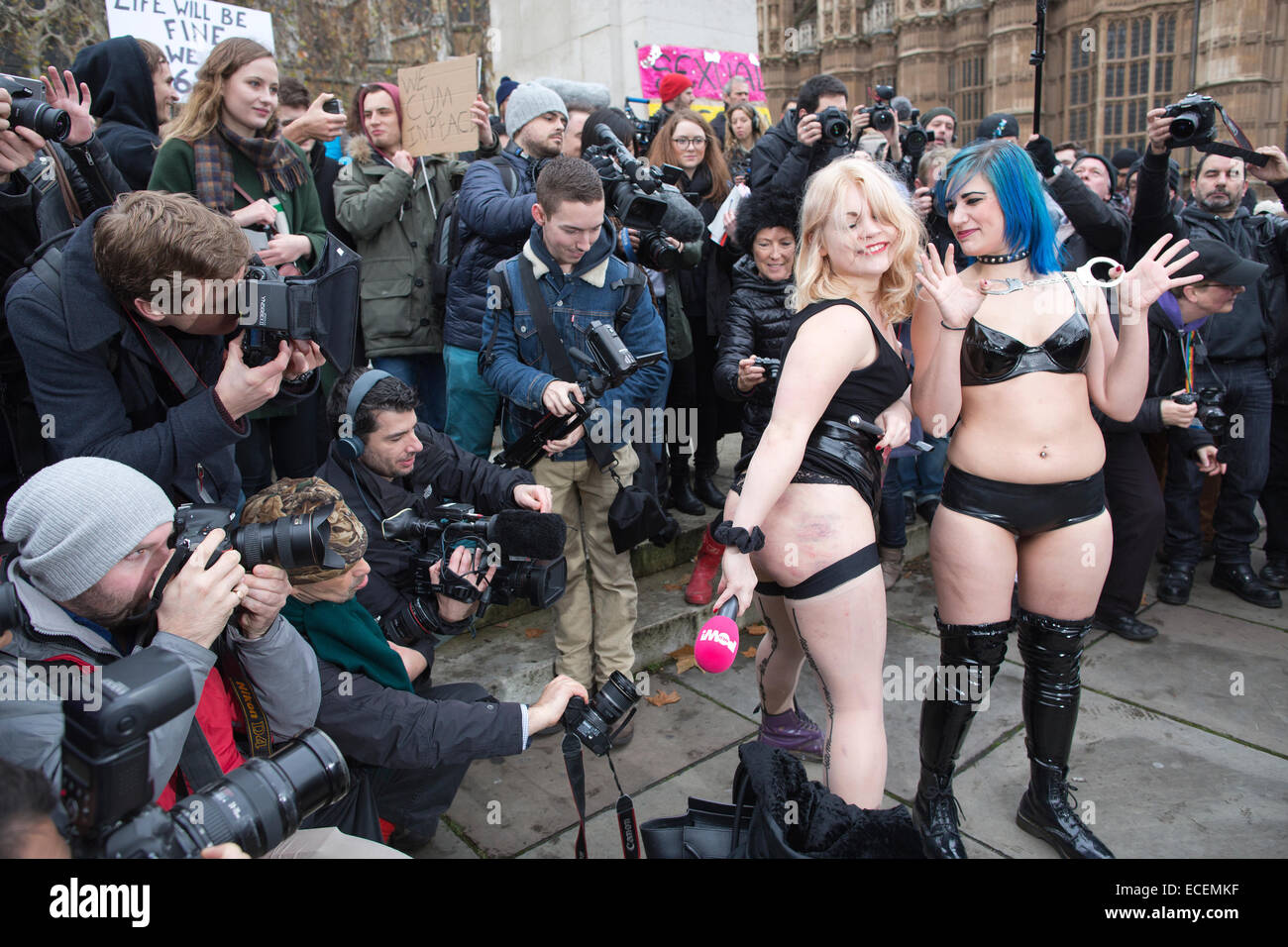London, UK. 12th December, 2014. Porn Censorship Protest at Houses of  Parliament, London, UK 12.12.2014 Picture shows demonstrators against new  censorship legislation banning several sex acts from online pornographic  videos filmed in