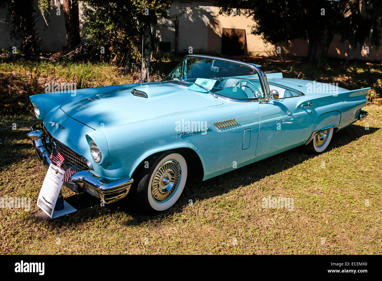 1957 Powder-blue Ford Thunderbird car on display at a vintage vehicle show in S. Florida Stock Photo