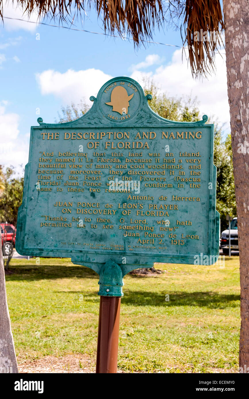 Historic marker sign telling of the story how Florida got it's name in