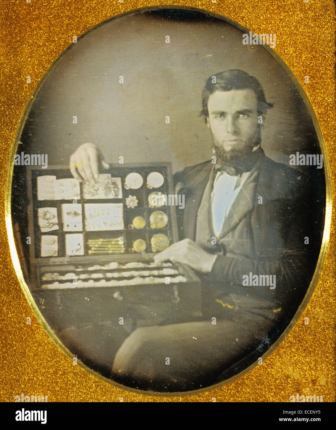 Portrait of a Jewelry Salesman; Attributed to Robert H. Vance, American, 1825 - 1876; 1853 - 1854; Daguerreotype, hand-colored; 1/6 plate, Image: 7.1 x 5.9 cm (2 13/16 x 2 5/16 in.) Stock Photo