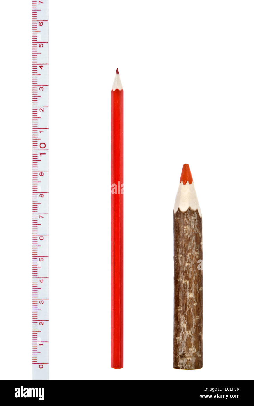 Red thick and thin pencils with ruler isloated on white Stock Photo Alamy