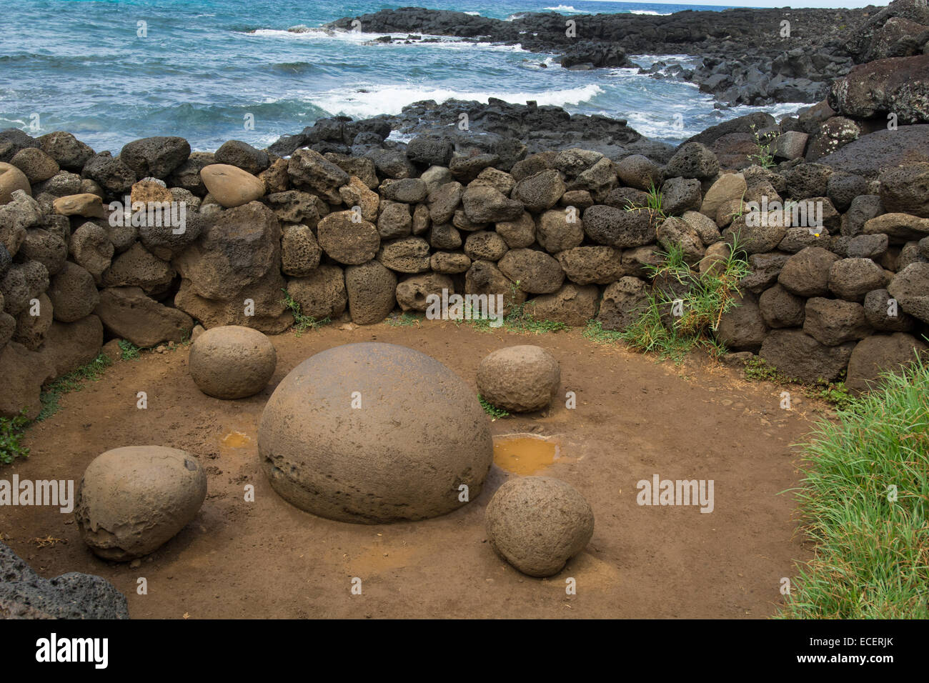 Chile, Easter Island. Te Pito Kura, Rapa Nui NP. Historic naturally oval magnetic stone, called “navel of the earth,' Stock Photo