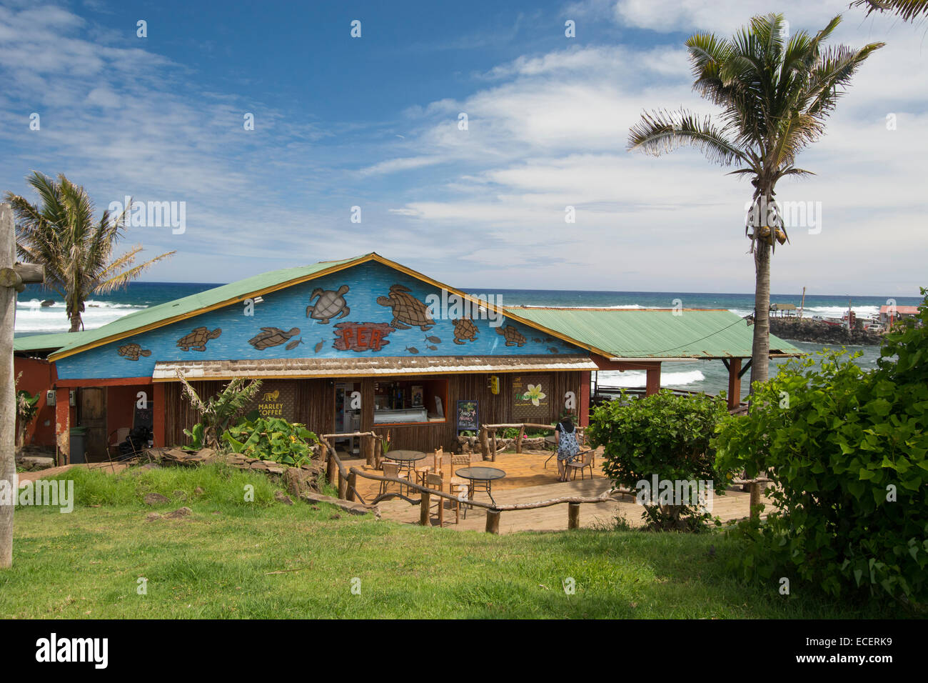 Chile, Easter Island aka Rapa Nui, Hanga Roa. Scenic coastal cafe and coffee house in Hanga Roa. Stock Photo