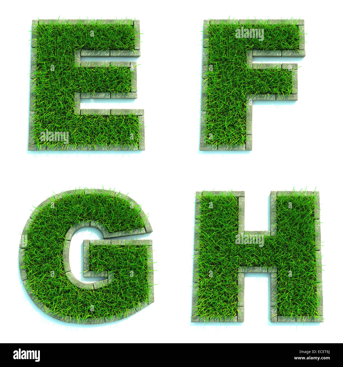 Letters E, F, G, H as Lawn - Set of 3d. Stock Photo