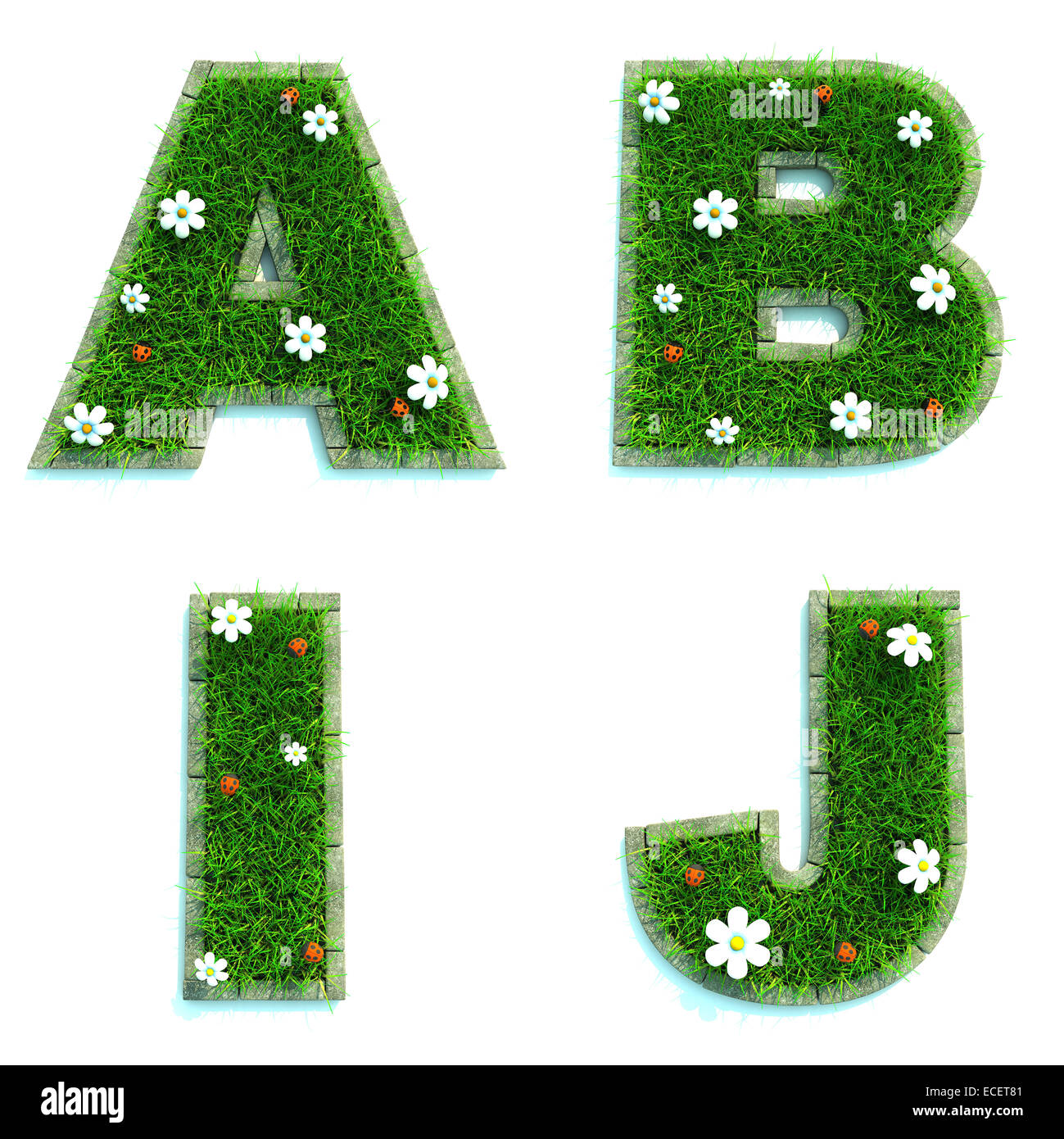 Letters A, B, I, J as Lawn - Set of 3d. Stock Photo