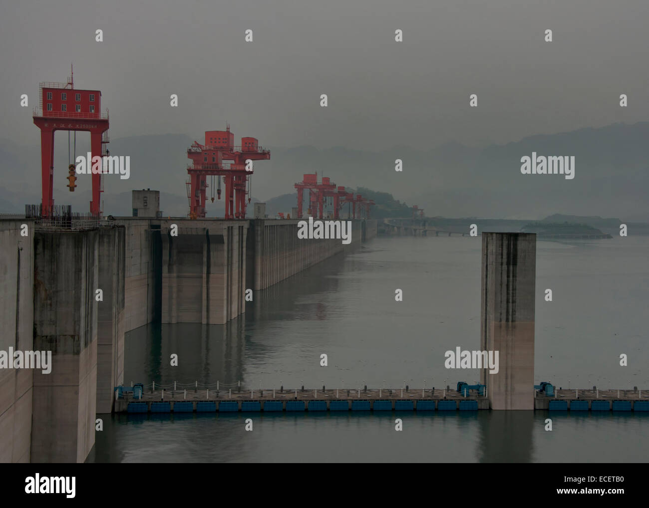 Yangtze: Three Gorges dam in a foggy rain. Stock Photo