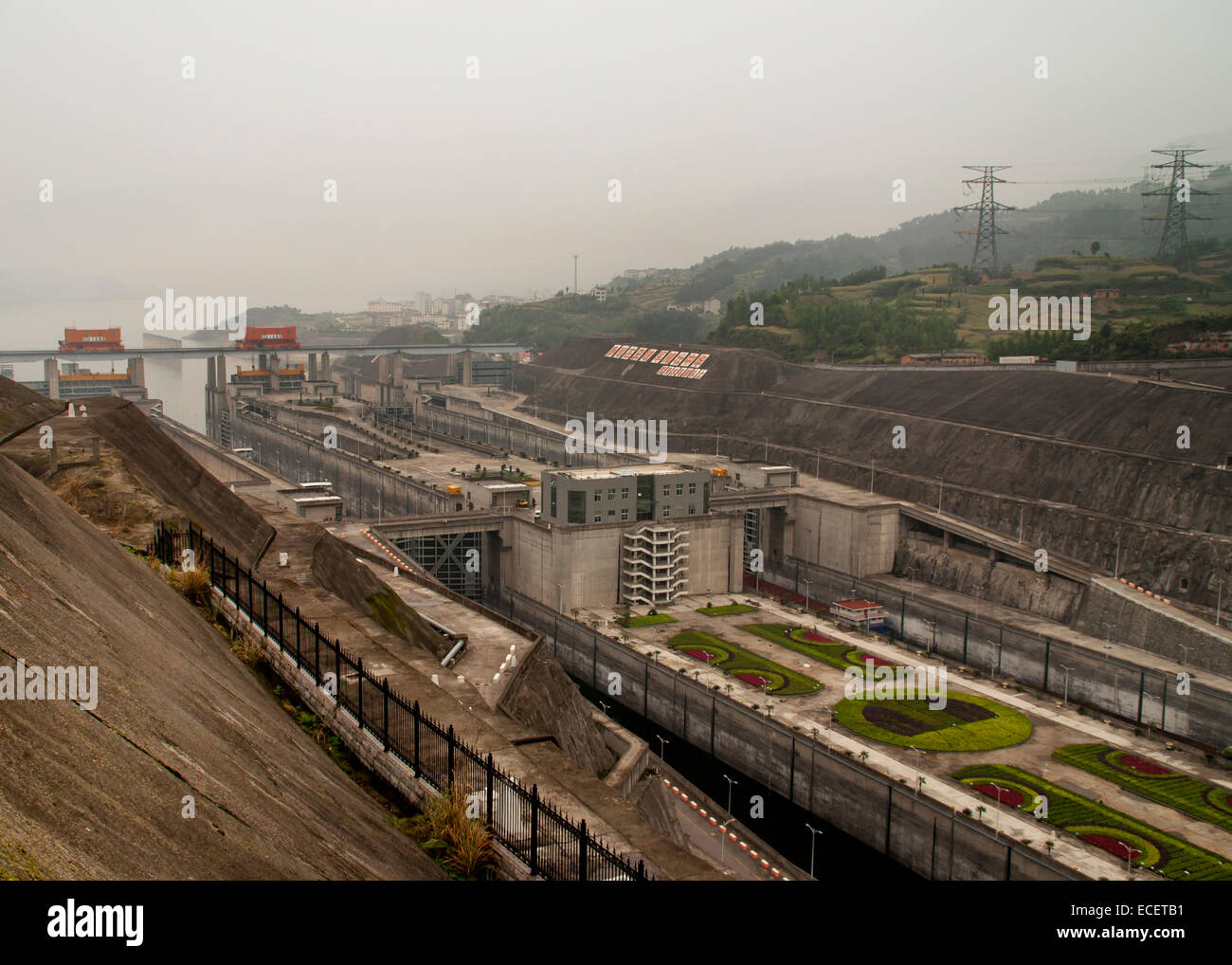 Yangtze: aerial view on the locks and the boat lift at Three Gorges dam. Stock Photo