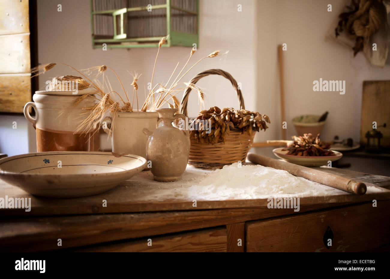 Table with ingredients and kitchen tools, vintage image. Stock Photo