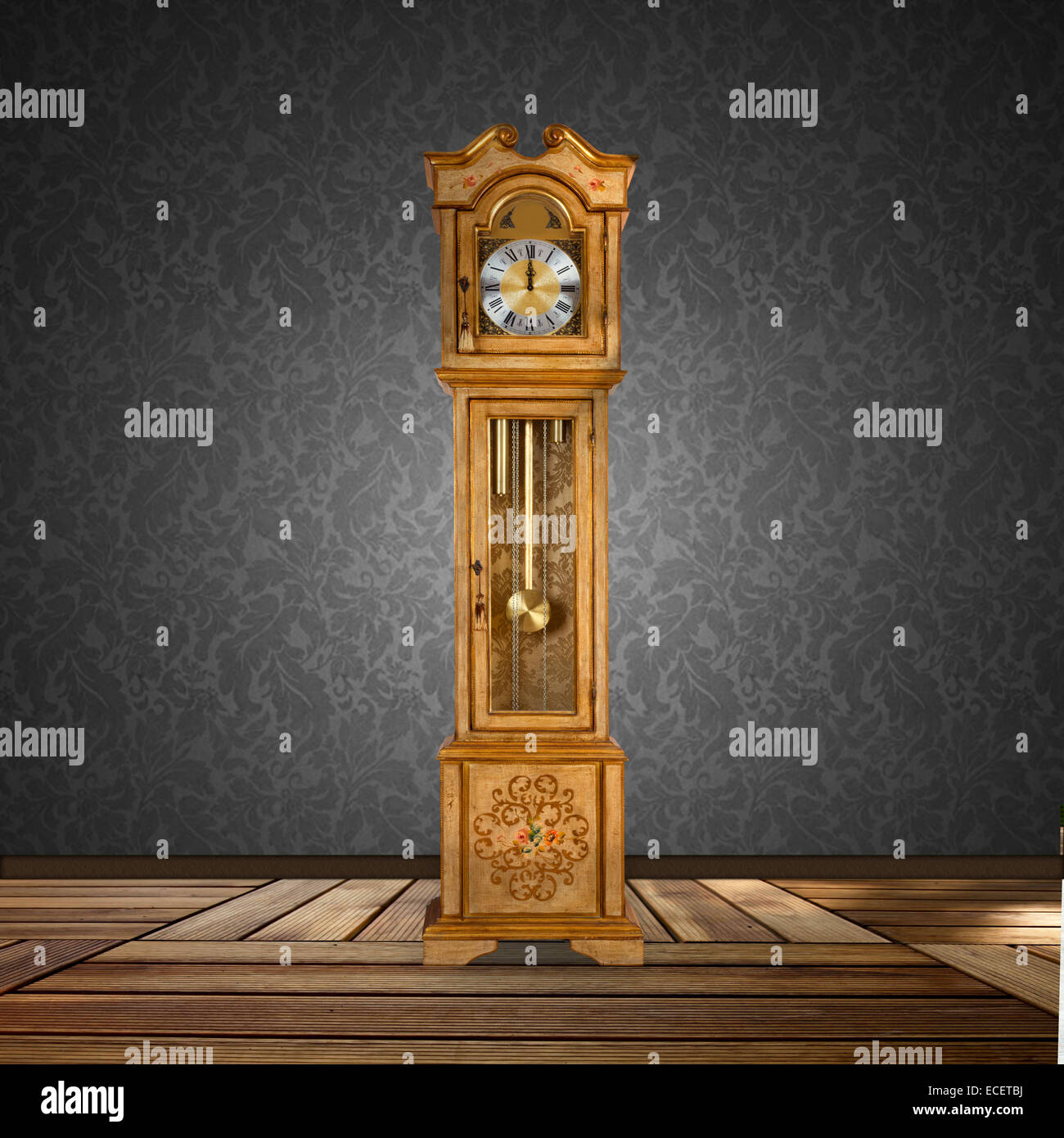 Old grandfather clock isolated in a empty room. Stock Photo