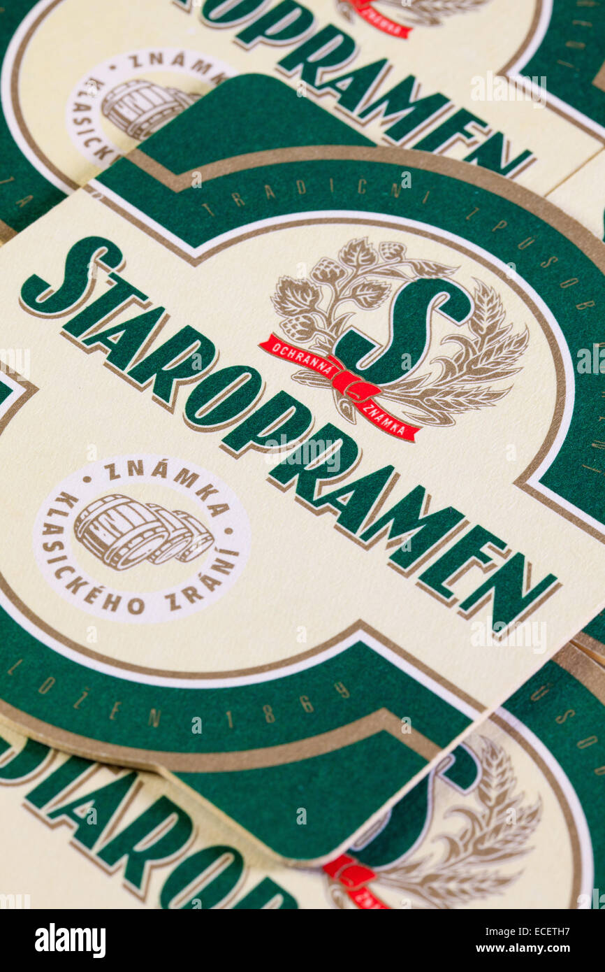 Brno,Czech Republic-August 1,2014:Beermats from Staropramen beer.Staropramen Brewery is the second largest brewery in the Czech Stock Photo