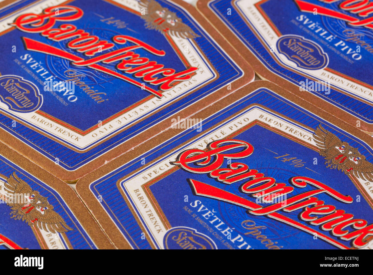 Brno,Czech Republic-August 1,2014:Berrmats from Baron Trenck beer.Starobrno Baron Trenck a Premium Lager beer by Starobrno B. Stock Photo