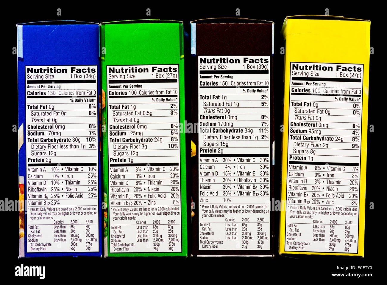Boxes of cereal and health information labels Stock Photo Alamy