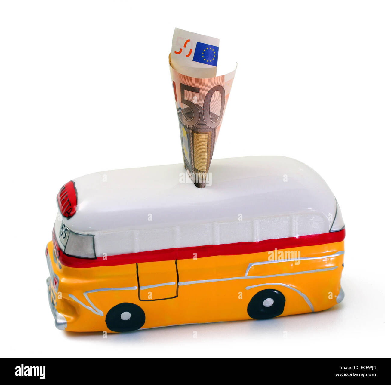 Piggy bank with the shape of bus tour of Malta with fifty euro. Stock Photo