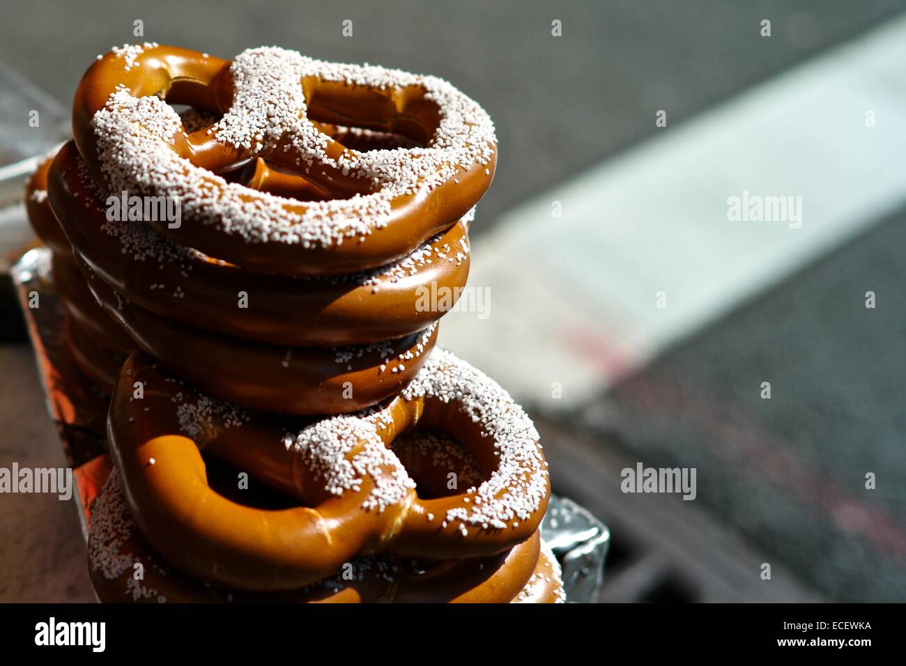 New York Pretzels on a street stand on Fifth Avenue Stock Photo