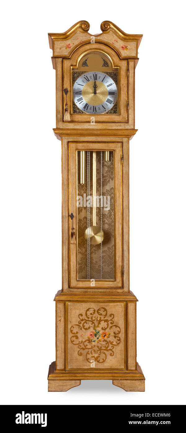 Old grandfather clock isolated on white background Stock Photo