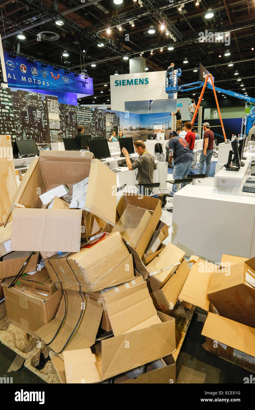 Detroit, Michigan - Workers prepare displays in the exhibit hall for the Intelligent Transport Systems World Congress. Stock Photo