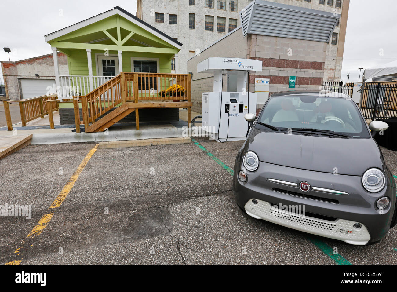 Detroit, Michigan - An electric vehicle hooked up to a direct current fast charger. Stock Photo