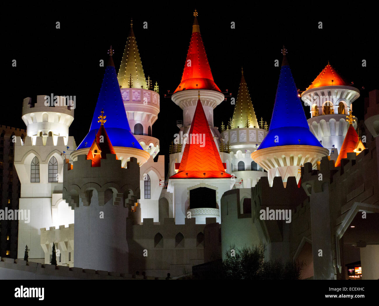Excalibur Hotel and Casino illuminated at night along Las Vegas Strip,  Clark County, Nevada in July Stock Photo