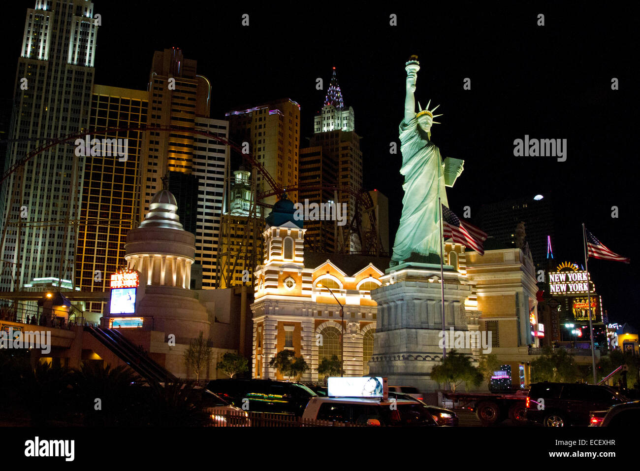 New York Hotel and Casino with Statue of Liberty illuminated at night along Las Vegas Strip, Clark County, Nevada in July Stock Photo