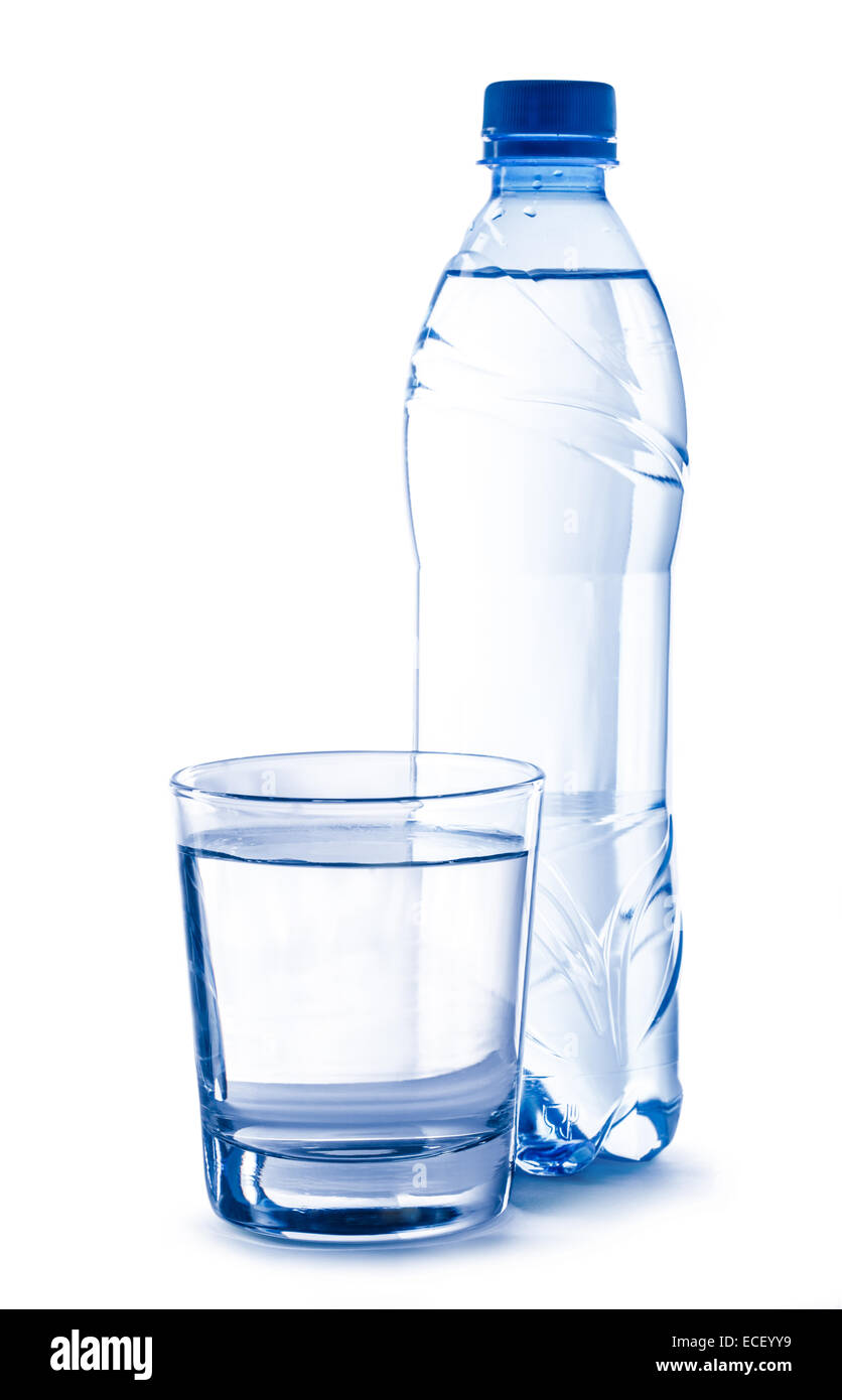 Plastic bottle and glass of water Stock Photo
