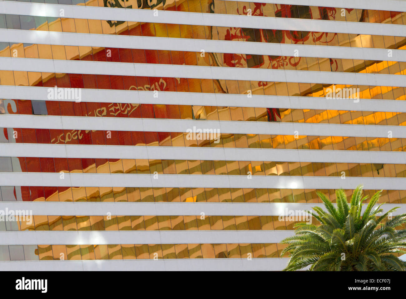 Reflections in windows of the Mirage Hotel & Casino along Las Vegas Strip, Nevada, USA in July Stock Photo