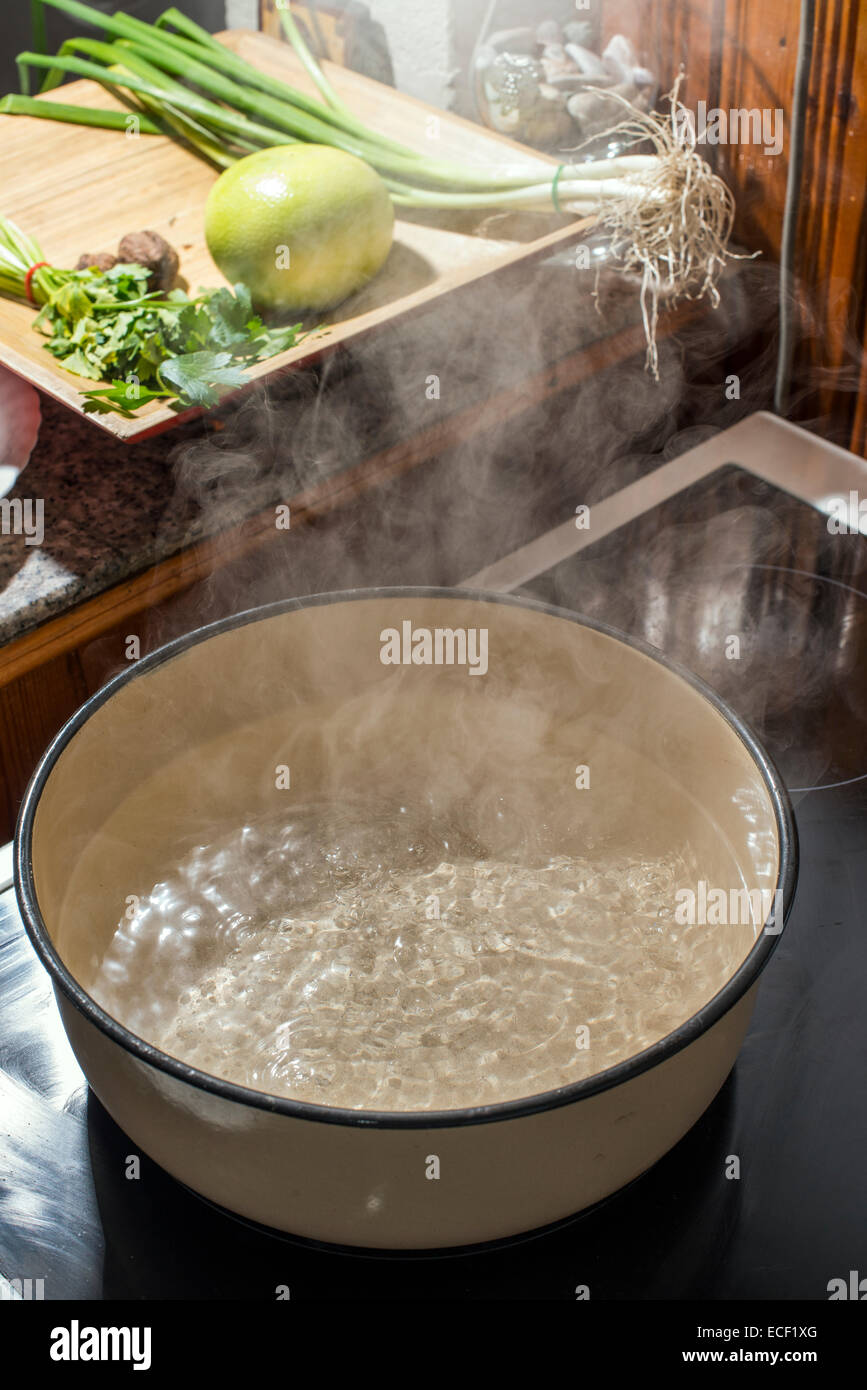 Boiling water in a saucepan. Vintage kitchen Stock Photo