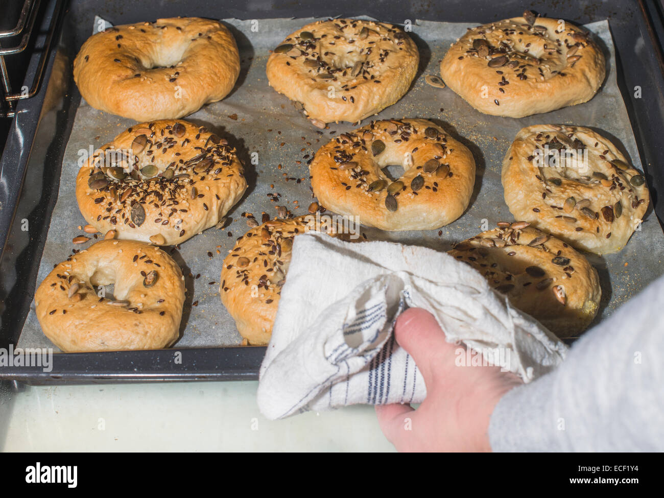 Baking of bagels in home Stock Photo