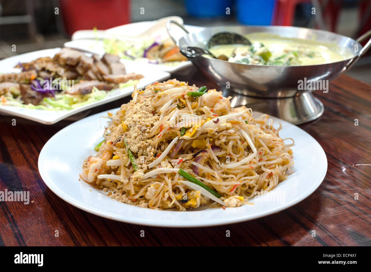 Classic pad Thai noodles served at a Hong Kong Cooked Food Centre Stock Photo