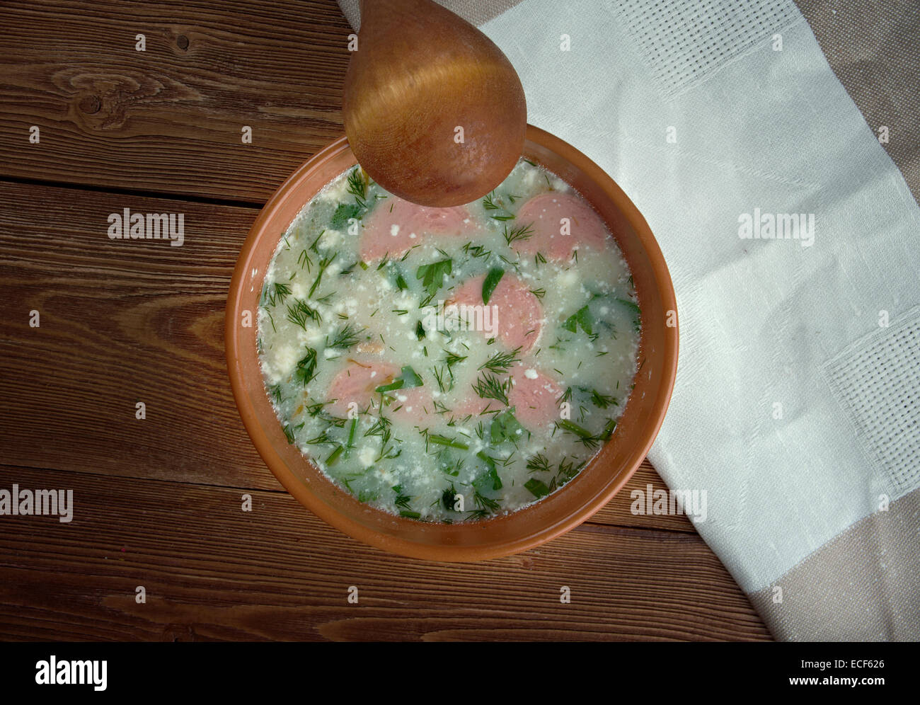 Kartoffel-Cremesuppe.  potato soup with Vienna sausage Stock Photo