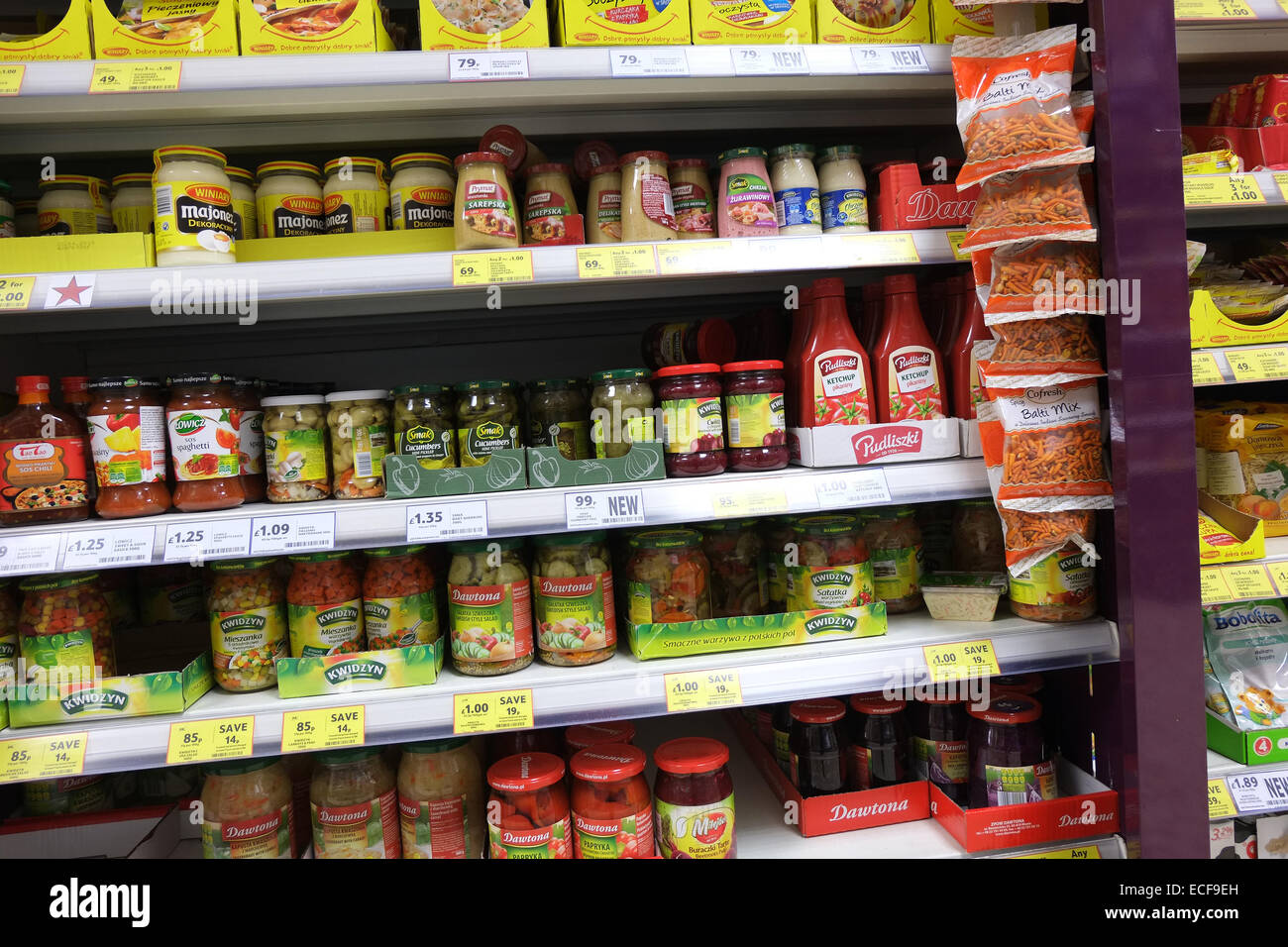 Ethnic polish food stocked in the shelves in an English branch of Tesco in Yeovil, Somerset. 10th December 2014 Stock Photo