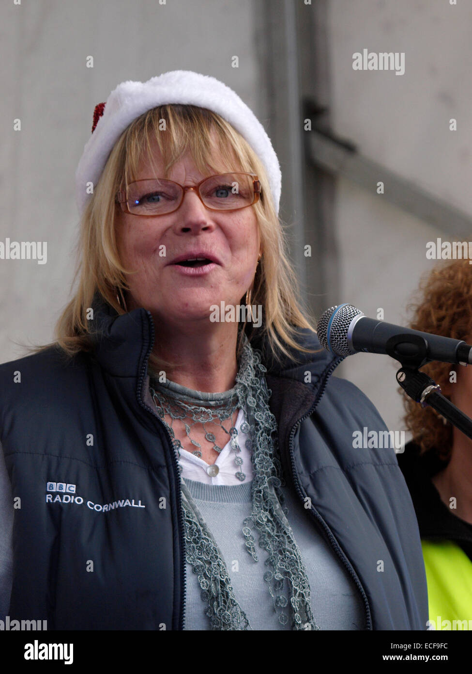 BBC Radio Cornwall's Alison Johns started the Padstow Santa Run at the  Padstow Christmas festival, Cornwall, UK Stock Photo - Alamy