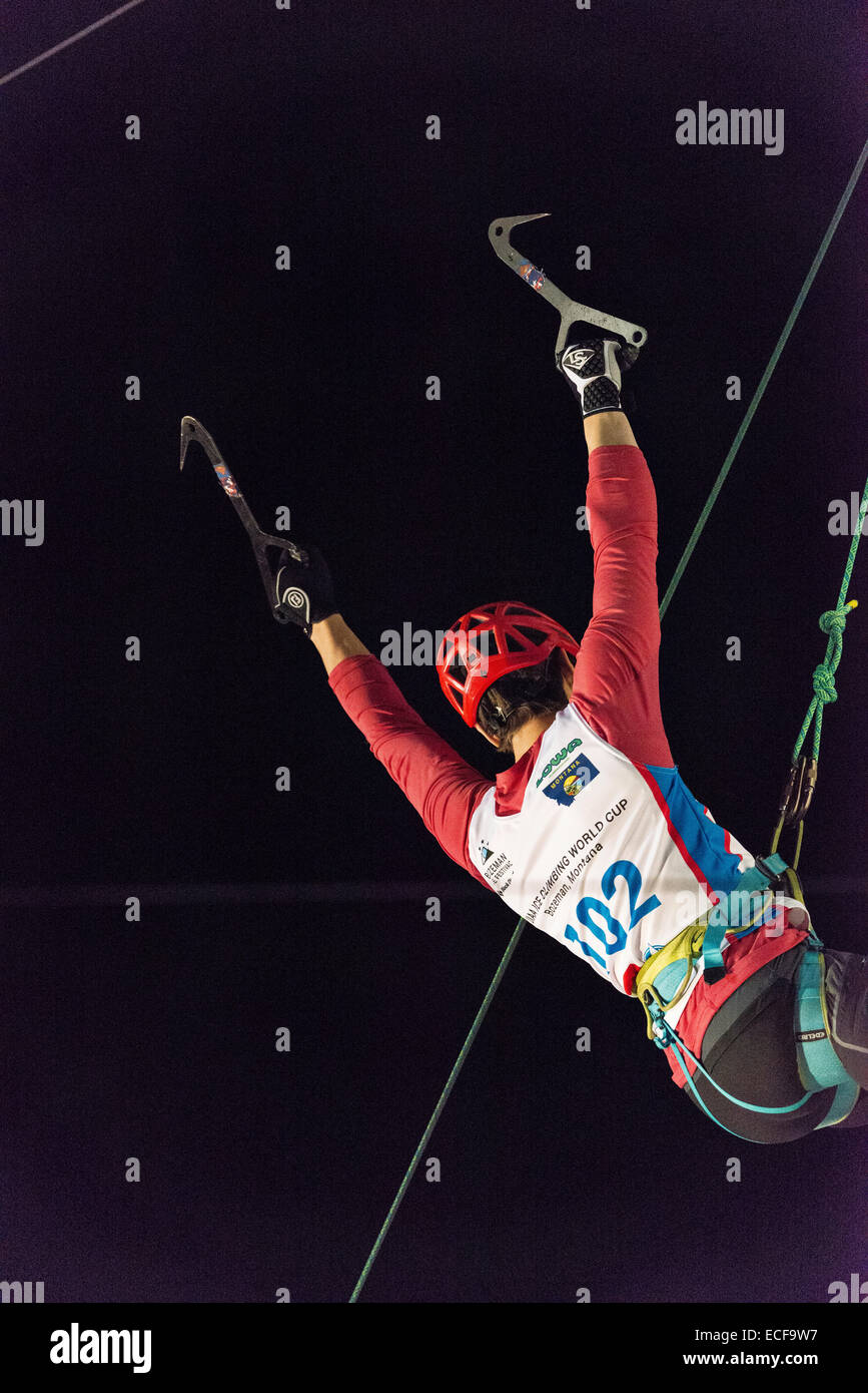 Bozeman, Mont., US. 12th Dec., 2014. American Kendra Stritch celebrates her win in the women's finals at the International Climbing and Mountaineering Federation's Ice Climbing World Cup. The win breaks a long streak of Russian dominance in the event. Credit:  Thomas Lee/Alamy Live News Stock Photo