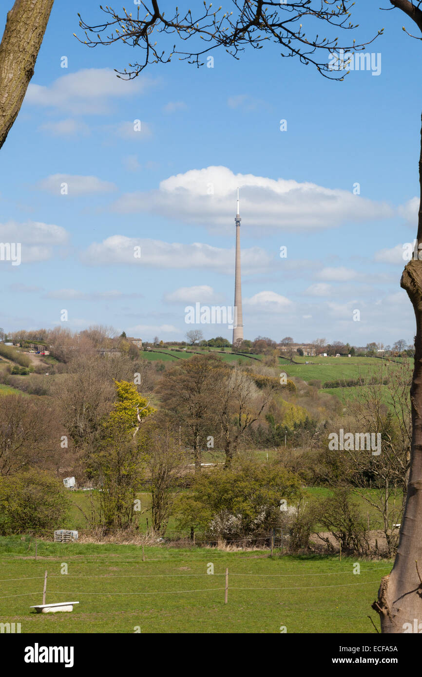 View of Emley moor mast from the Kirklees Light Railway 15 inch gauge railway in Kirklees, West Yorkshire, model railway Stock Photo
