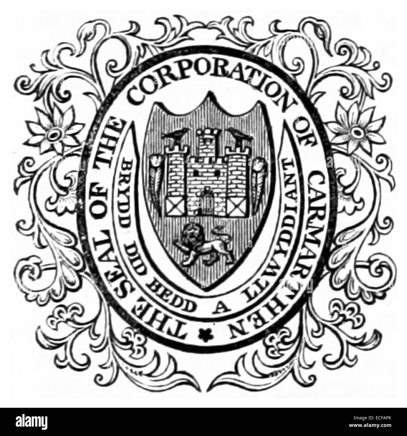 This 1833 illustration by Lewis shows the seal and arms of Carmarthen, representing the city's historical identity and civic symbol. Stock Photo