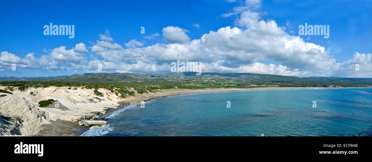 A colourful panoramic view of Lara Bay and beach in the Akamas National Park and home of the Lara Turtle Conservation Project Stock Photo