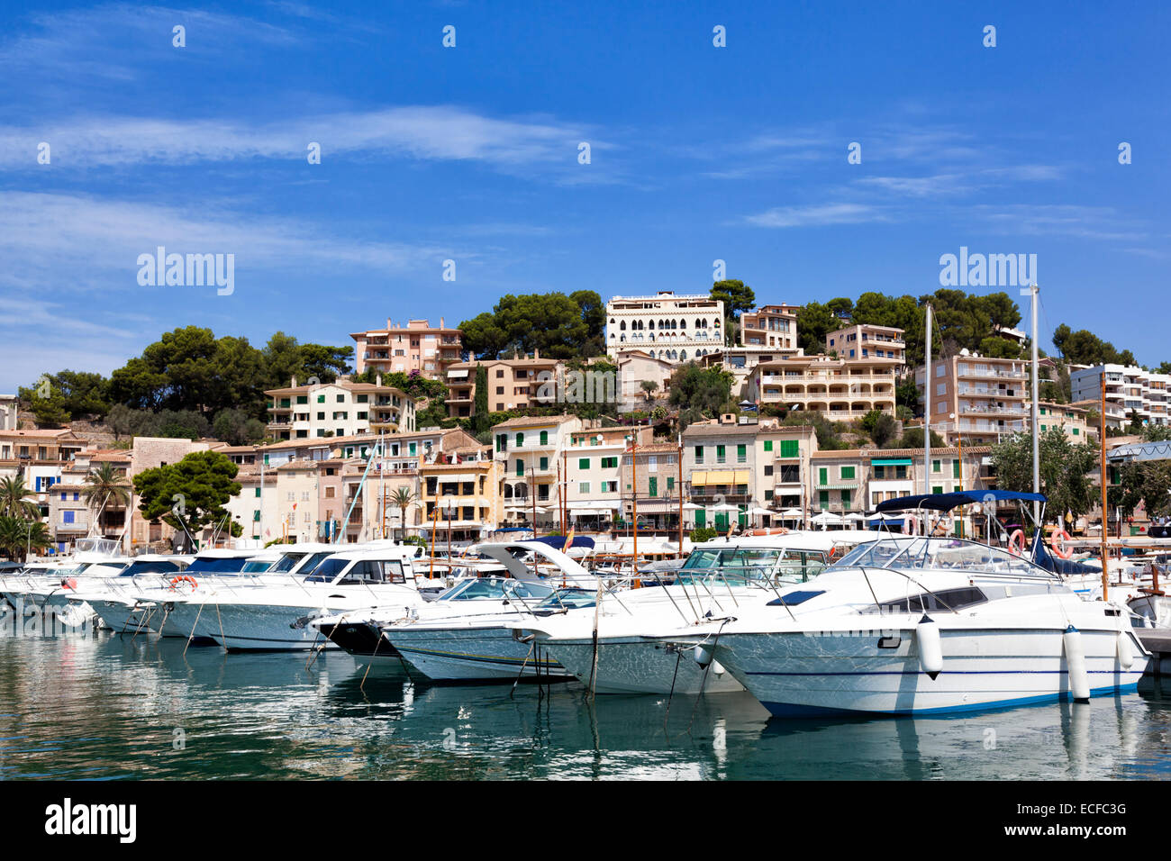 Boats in the sea port of Soller, Majorca, Spain Stock Photo