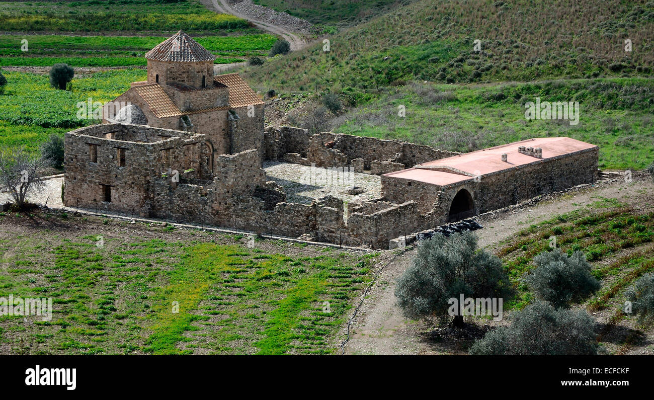 The abandoned walled Monastery of Panagia tou Sinti in the fertile Xeros Valley Paphos Stock Photo