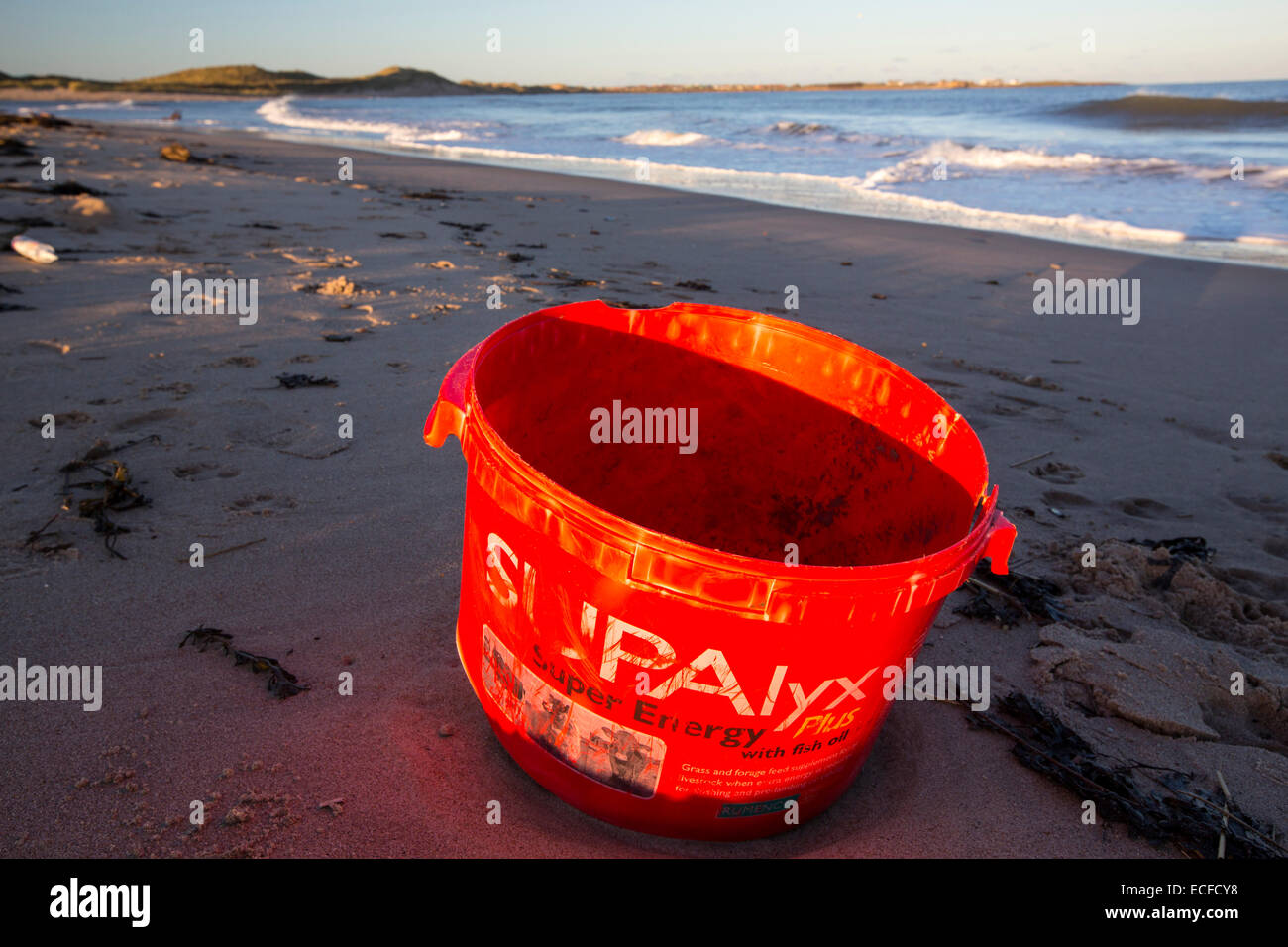 plastic rubbish on Beadnell beach, Northumberland, UK, at sunset. Stock Photo