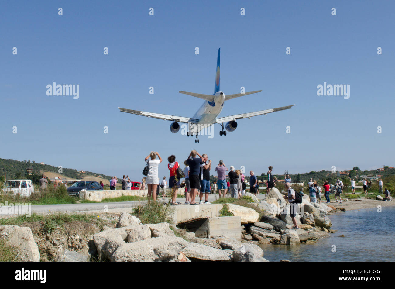 Plane landing on the runway at Skiathos airport. Sliathos. Greece. Planespotters. Stock Photo