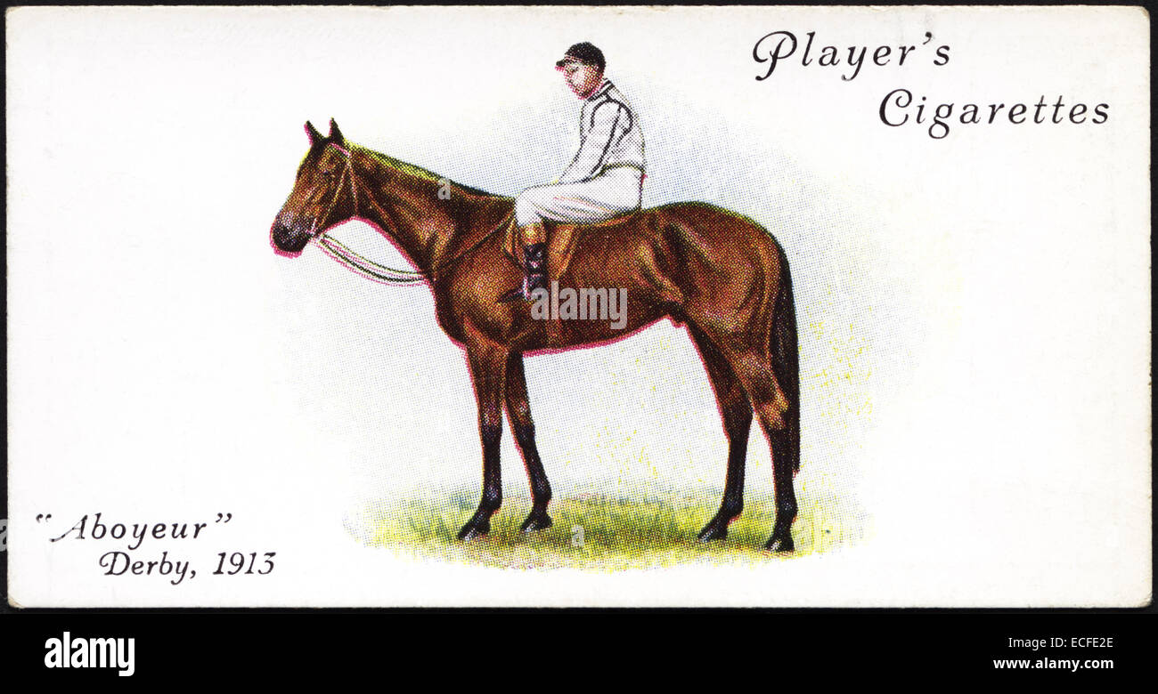 jockey cigarette cards Cigarette card by Player's Cigarettes featuring ABOYEUR winner of The Derby  in 1913 with jockey Edwin Piper issued by John Player & Sons in 1933 Stock  Photo