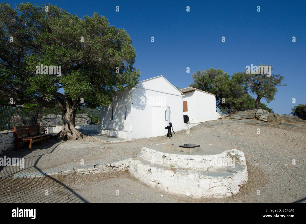 Back of Mamma Mia chapel, Agios Ioannis, Skopelos, Greek island. October  Stock Photo - Alamy