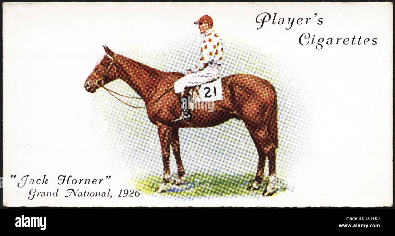 jockey cigarette cards Cigarette card by Player's Cigarettes featuring JACK HORNER winner of The  GRAND NATIONAL in 1926 with jockey William Watkinson issued by John Player  & Sons in 1933 Stock Photo