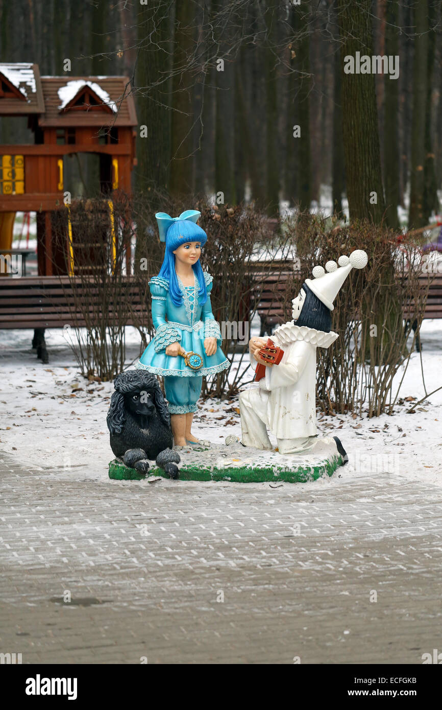 Statue of Malvina and Piero in the park of a fairy tale of Pinocchio Stock Photo