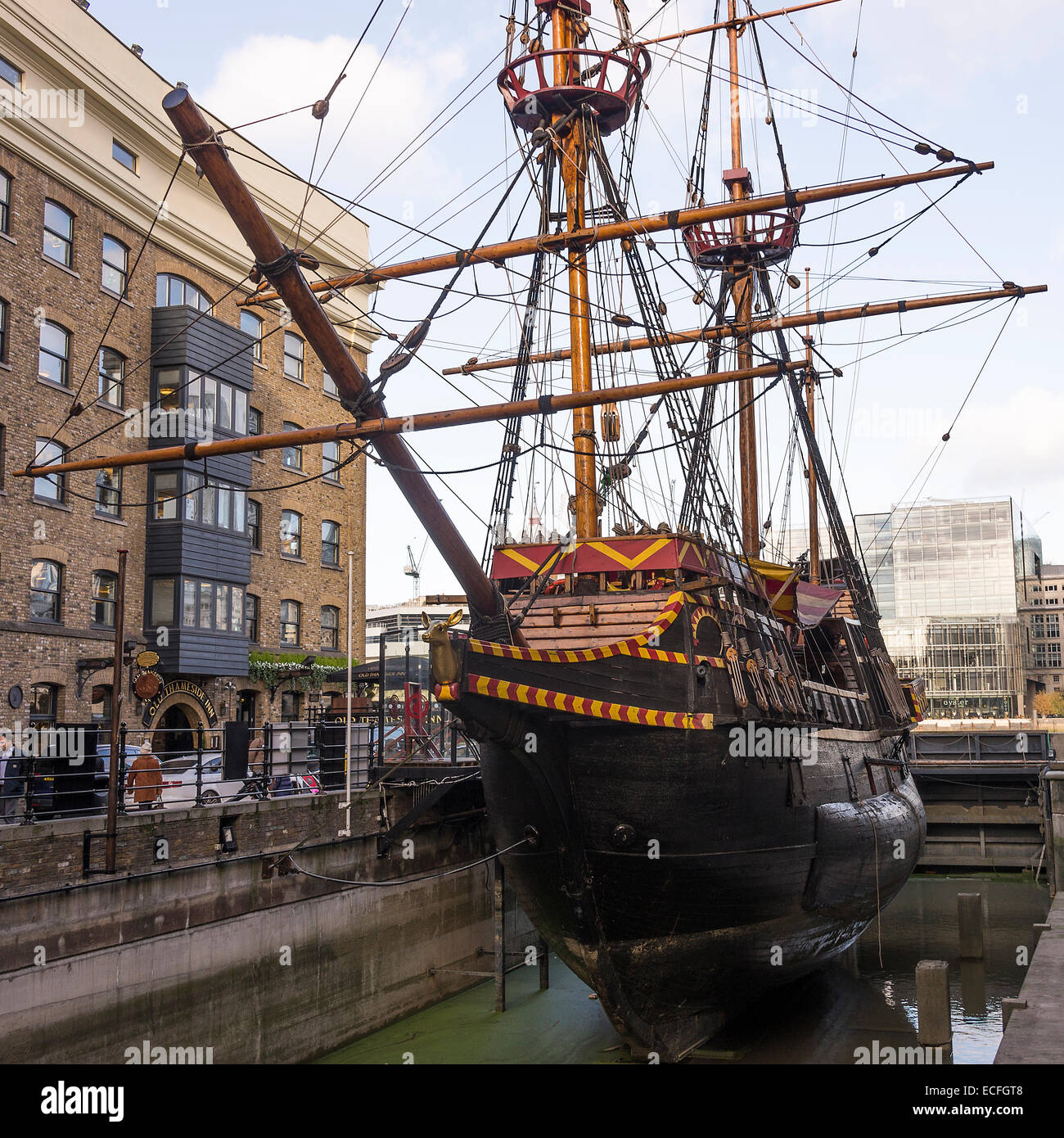 A Replica of The Golden Hinde Galleon Docked at Pickfords Wharf in River Thames at Southwark London England United Kingdom UK Stock Photo
