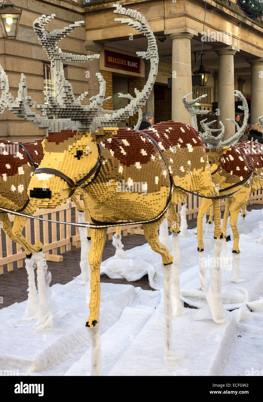 A Large Christmas Display of Reindeer Made of Lego Bricks Outside Covent Garden Market London England United Kingdom UK Stock Photo