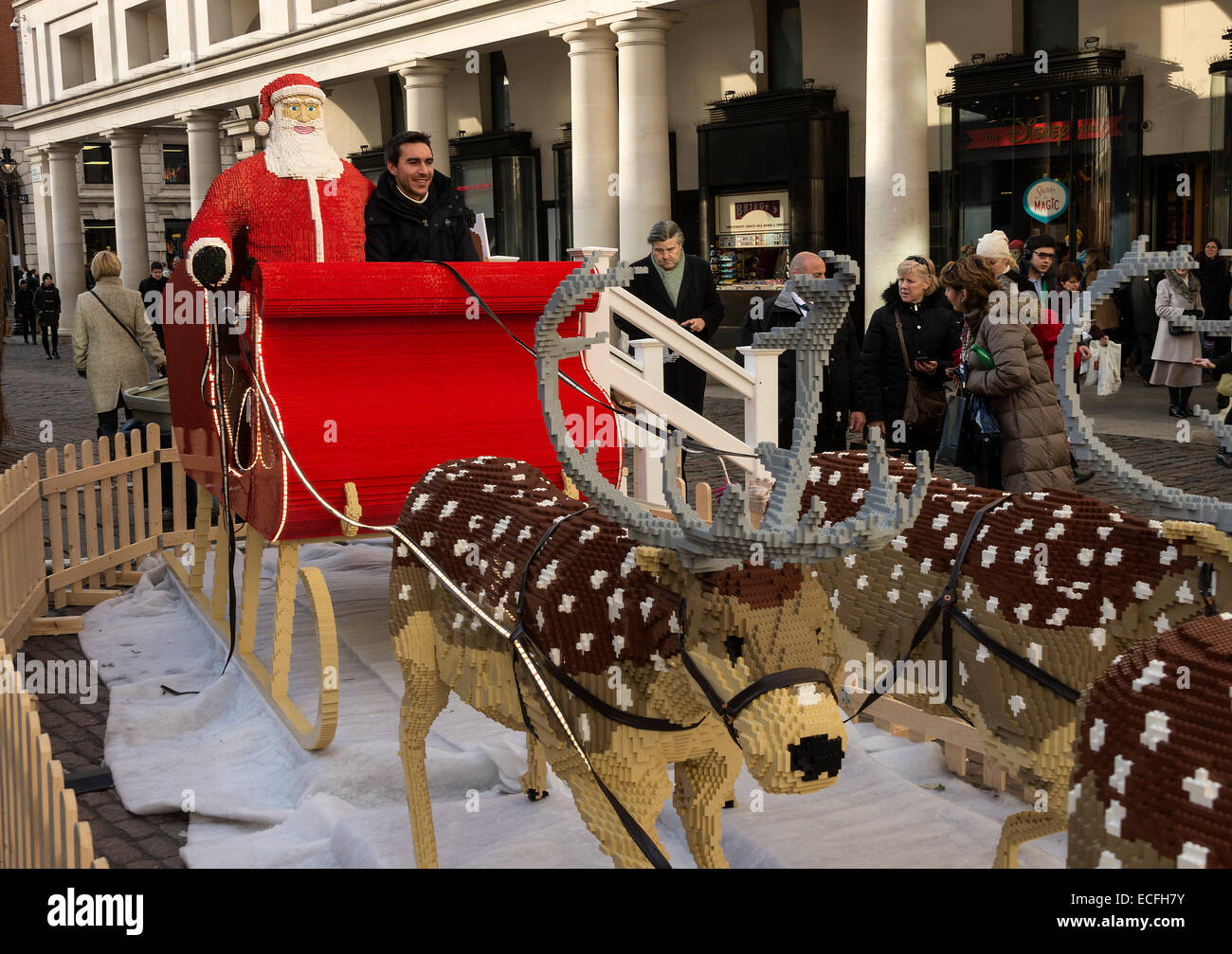 A Large Christmas Display of Reindeer Made of Lego Bricks Outside Covent Garden Market London England United Kingdom UK Stock Photo