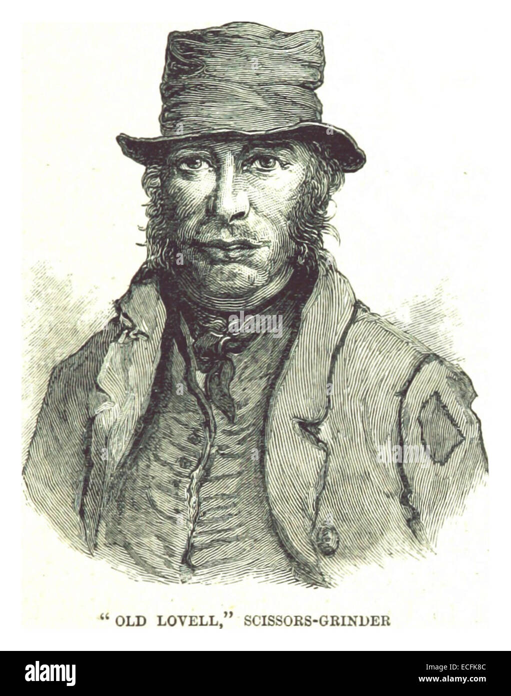 This 1885 illustration by Morwood depicts Old Lovell, a scissors-grinder, reflecting the trades and occupations common in rural 19th-century England. Stock Photo