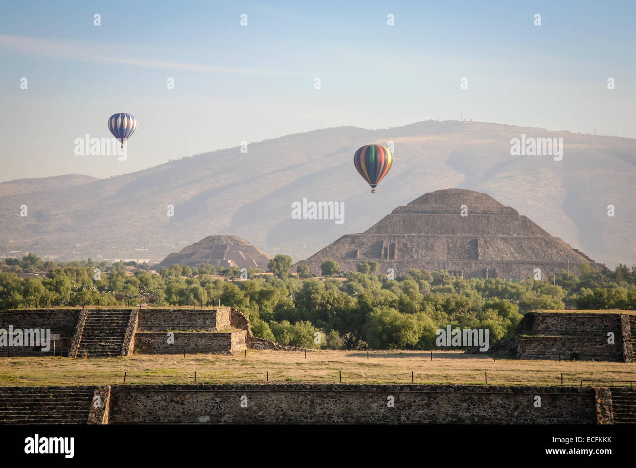 Two Balloons flying over the Teotihuacan in front of the Pyramid of the ...
